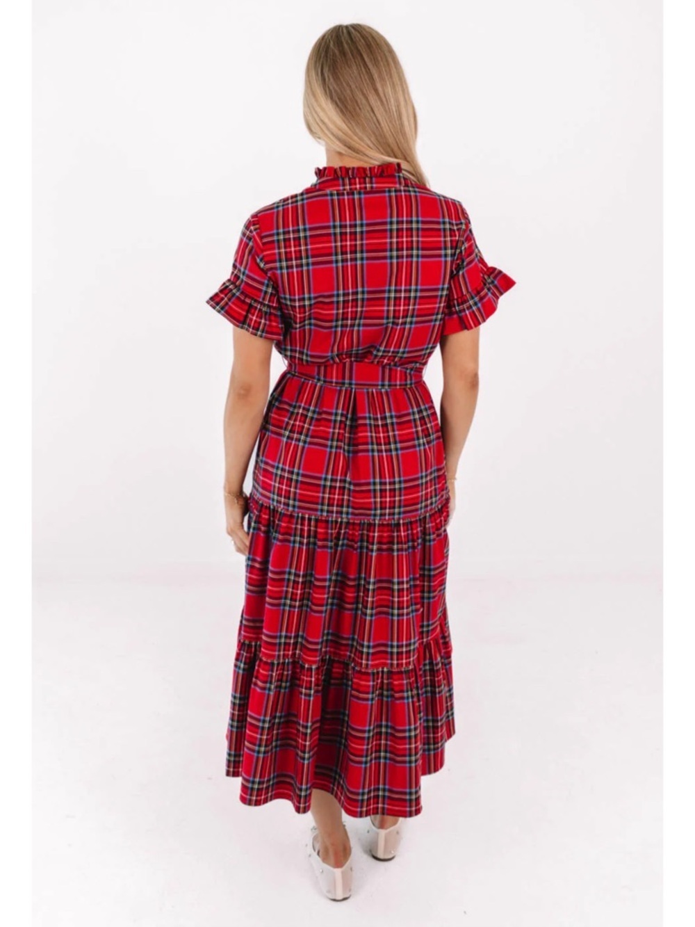 J. MARIE XS HOLLIN BELTED SHORT SLEEVE MIDI DRESS RED TARTAN PLAID NWT $180 - Picture 4 of 15